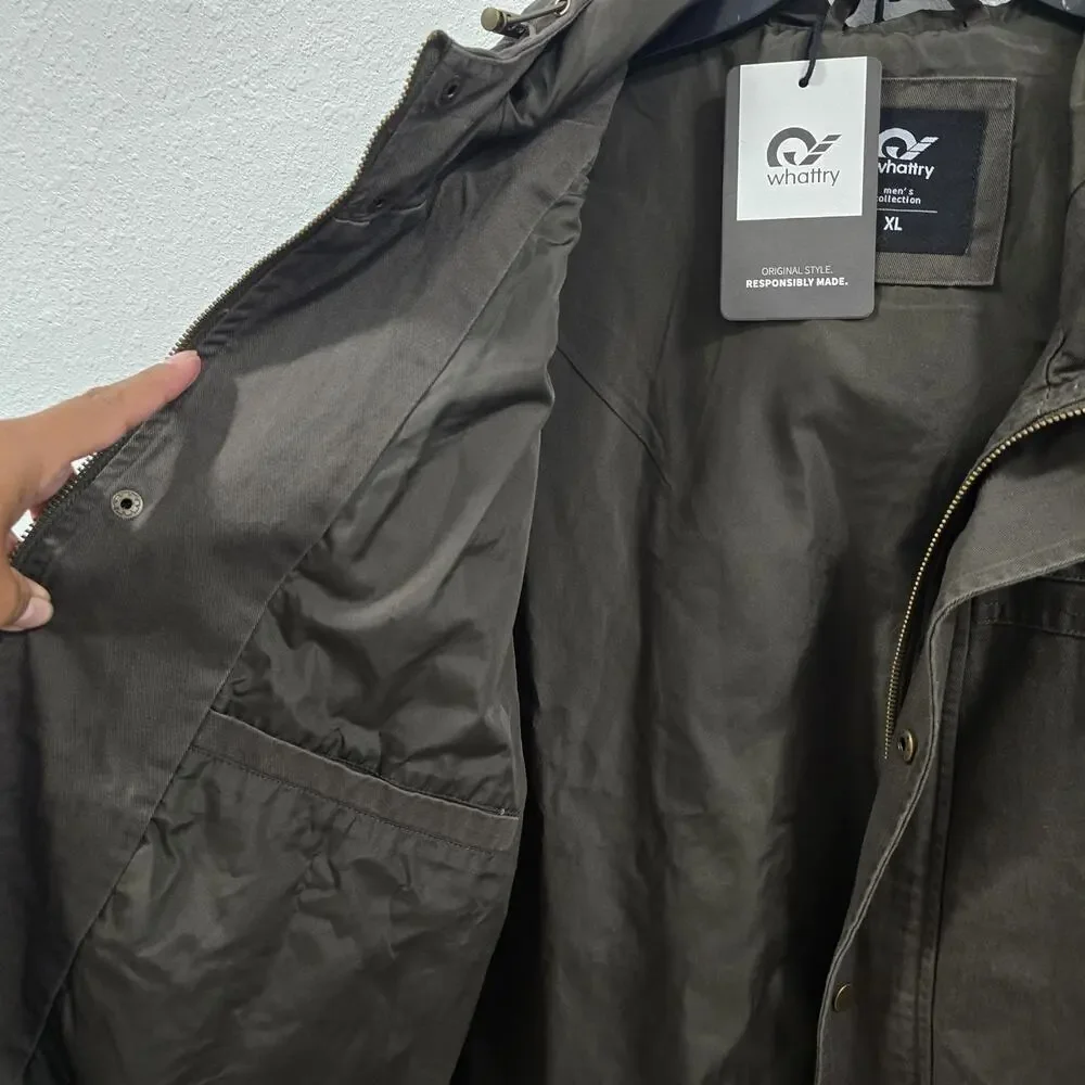 Whattry Men’s Utility Jacket XL Brown Hooded Military Field Coat Cargo Casual